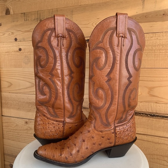 Nocona Chestnut Mens Cowboy Boots 6.5B Full Quill Ostrich Leather Western Stitch - Picture 3 of 10